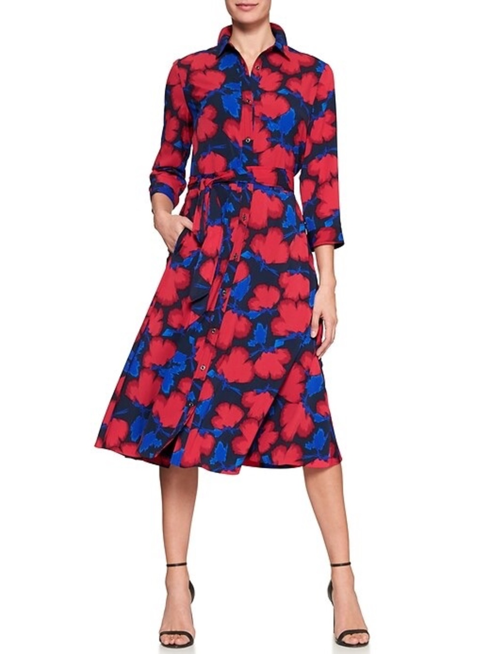 Banana Republic Factory PRINT 3/4-SLEEVE MIDI SHIRTDRESS red blue size 00 petite